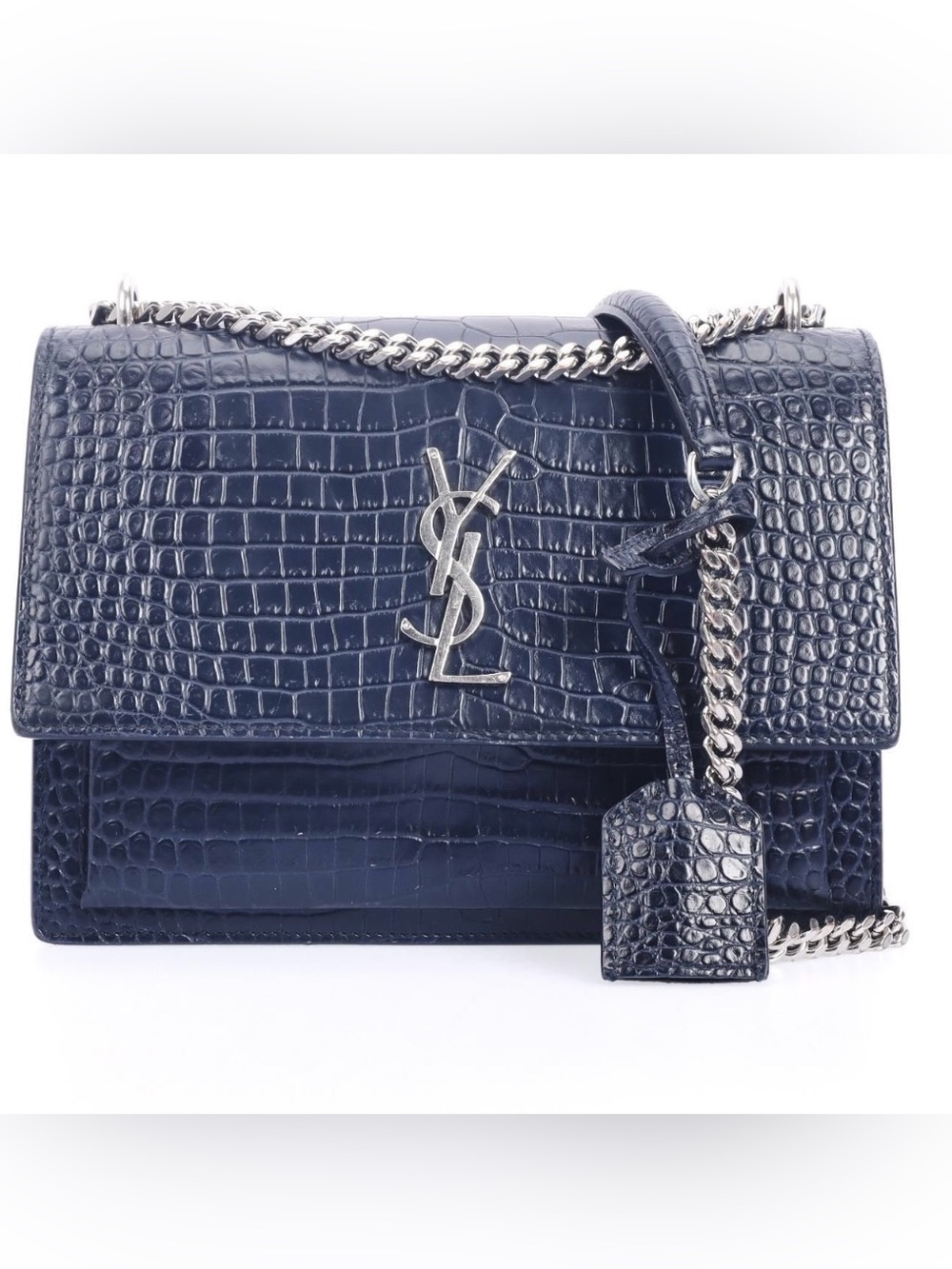 Saint Laurent Sunset Medium Croc Embossed Leather Shoulder Bag Navy Silver